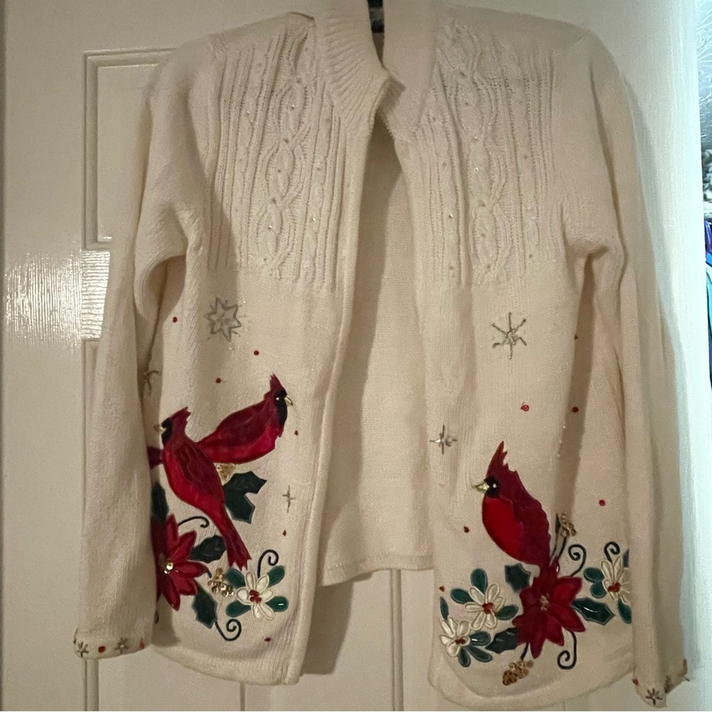 Ms Lee Cardigan with Red Cardinal Design Christmas Ugly Sweater Broken Zipper  S
